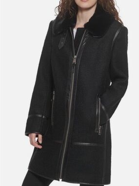 DKNY Black Faux-Shearling Pea Coat with Leather Trim